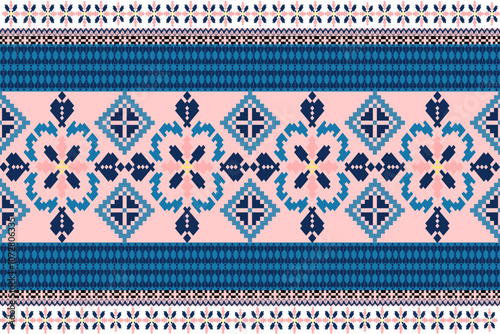 Art Abstract with Floral Pixel Designs. Traditional Cross Stitch needlework. Geometric Ethnic Pattern, Embroidery, Textile Ornamental, Fabric, Hand Stitch Pattern, Cultural Stitching Pixel Art