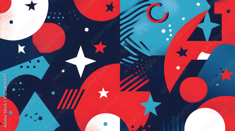 Abstract red and blue geometric shapes with white star motifs and artistic design. Abstract red and blue geometric shapes with white star motifs and artistic design.