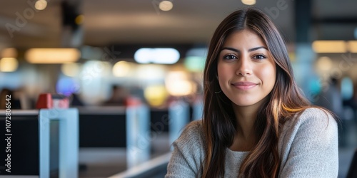 Confident Young Woman Smiling in a Modern Workspace Environment