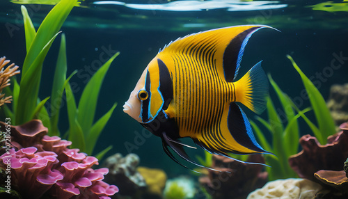 A striking Angelfish (pterophyllum) in clear water. Suitable for marketing or business purposes. Panoramic banner with place for text photo