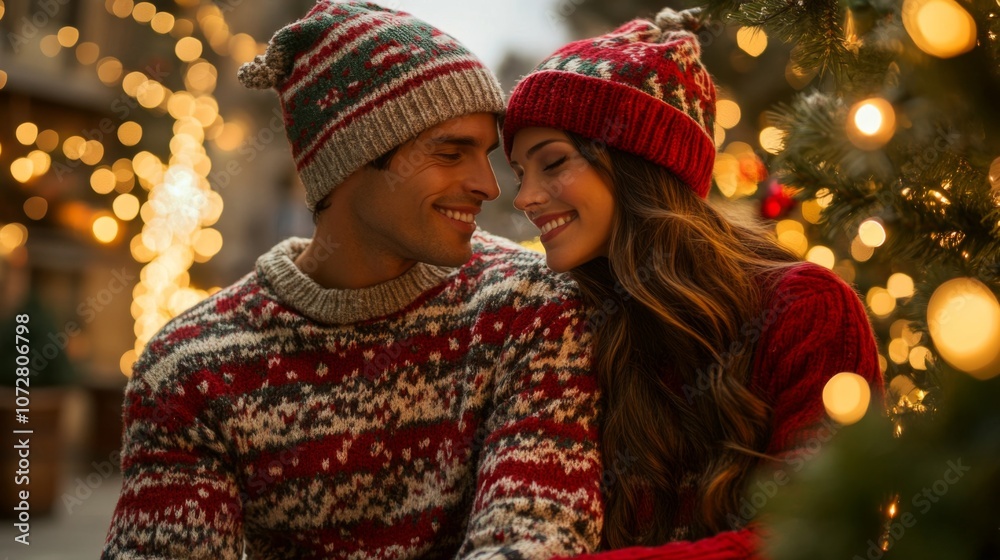 Romantic Couple in Matching Christmas Sweaters and Hats Romantic Couple in Matching Christmas Sweaters and Hats