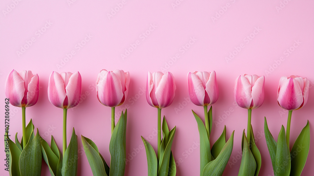Fototapeta premium Beautiful Decorative Spring pink tulip flowers in a row isolated background