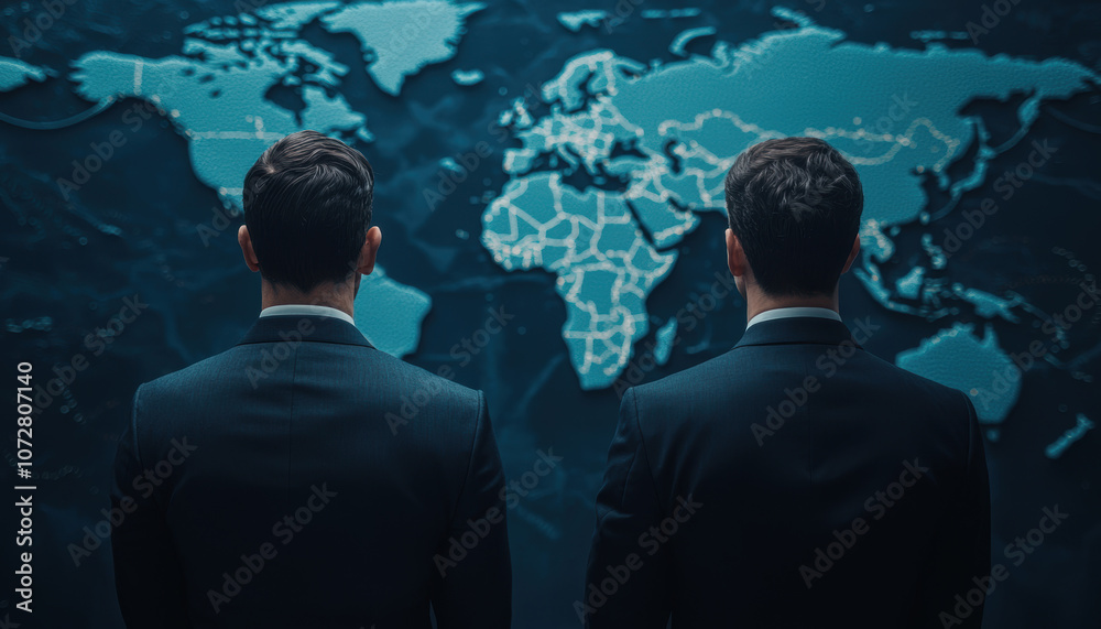 Two suited individuals observe a glowing world map, suggesting a theme of global strategy or analysis. Two suited individuals observe a glowing world map, suggesting a theme of global strategy or analysis.