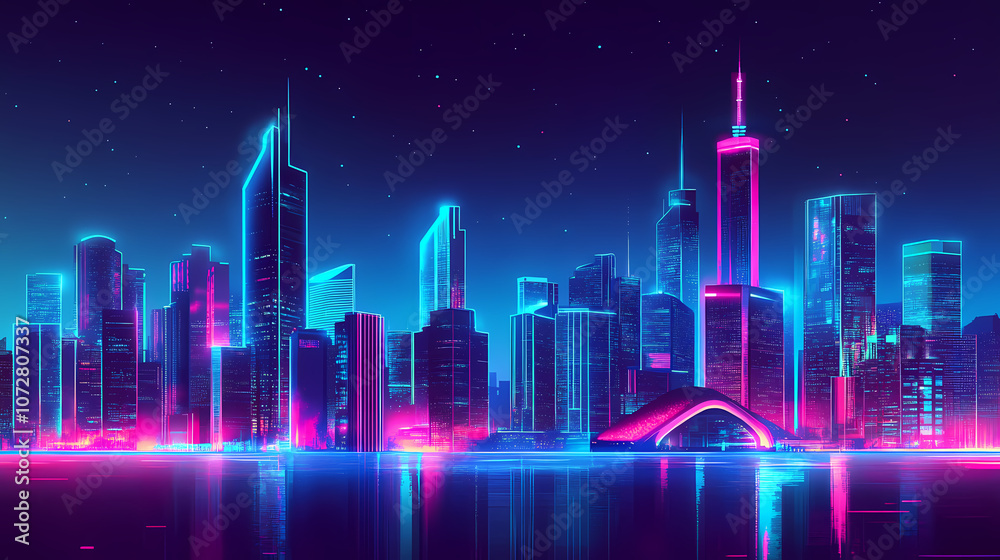 Fototapeta premium Futuristic sci-fi cityscape with neon lights and skyscrapers, showcasing a vibrant, technologically advanced urban environment. Utopia. Illustration