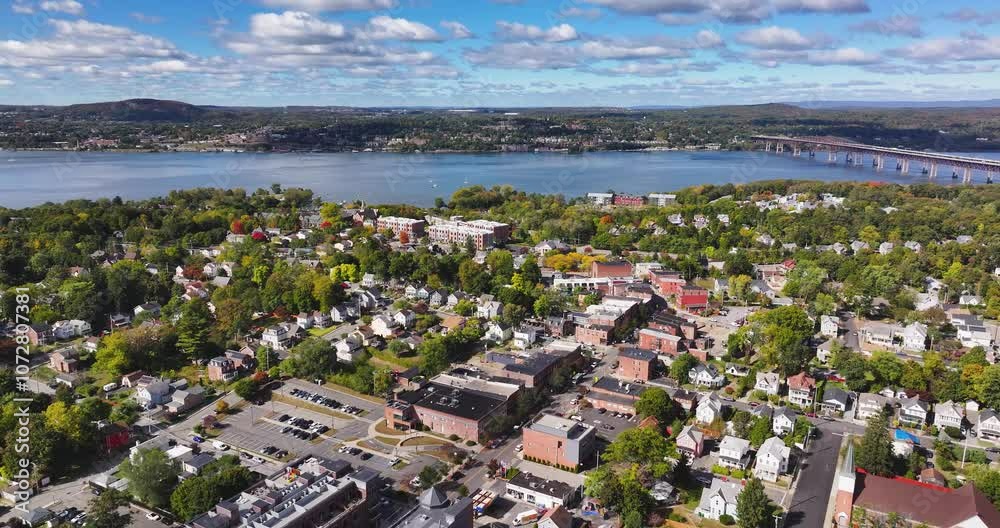 Aerial video over Beacon, NY on a cloudy, overcast fall afternoon, October 10, 2024. Aerial video over Beacon, NY on a cloudy, overcast fall afternoon, October 10, 2024.