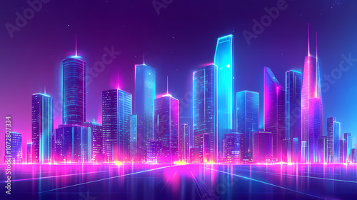 Futuristic sci-fi cityscape with neon lights and skyscrapers, showcasing a vibrant, technologically advanced urban environment. Utopia. Illustration