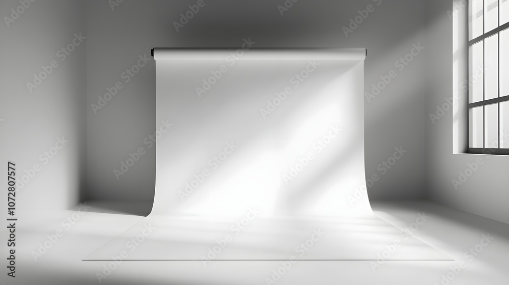 Depict a photographic studio featuring a white backdrop paper roll, with strong lights creating interesting textures and shadows on the floor. The empty setting should emphasize the versatility of Depict a photographic studio featuring a white backdrop paper roll, with strong lights creating interesting textures and shadows on the floor. The empty setting should emphasize the versatility of
