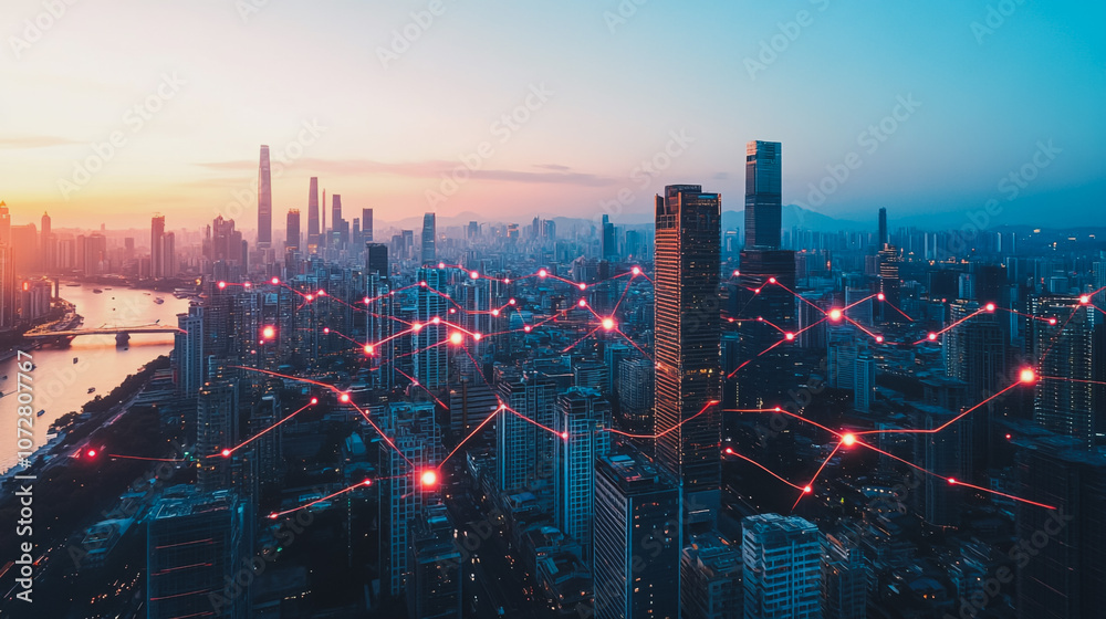 Smart digital Innovation Business skyscrapers in the Financial District with connection network reciprocity over the cityscape. of future smart wireless digital city and social media networking