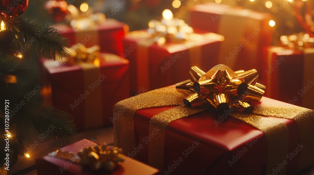 Red and Gold Christmas Presents Under a Twinkling Tree Red and Gold Christmas Presents Under a Twinkling Tree