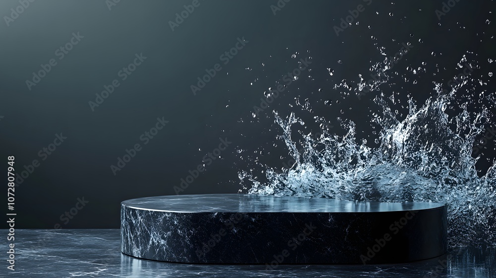 Design a sleek black stone podium set against a minimalist backdrop, with a dynamic water splash cascading around it. The scene should convey luxury and elegance, providing ample copy space for Design a sleek black stone podium set against a minimalist backdrop, with a dynamic water splash cascading around it. The scene should convey luxury and elegance, providing ample copy space for