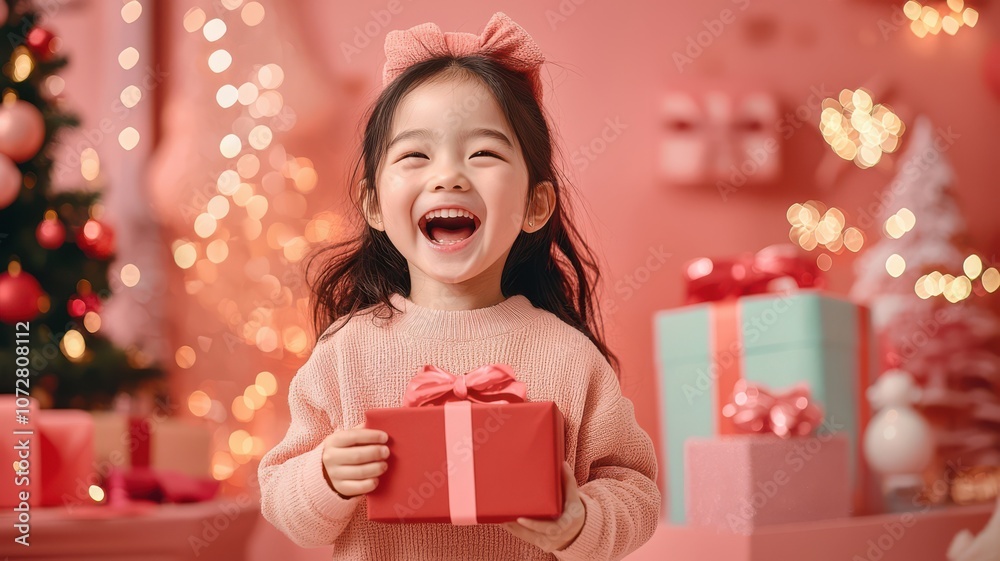 Joyful child holding a gift in a festive pink setting with Christmas decor. Joyful child holding a gift in a festive pink setting with Christmas decor.