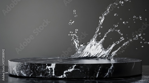 Design a sleek black stone podium set against a minimalist backdrop, with a dynamic water splash cascading around it. The scene should convey luxury and elegance, providing ample copy space for photo