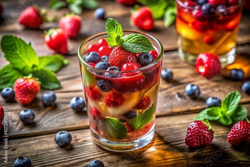 Refreshing Colorful Drink with Mint and Berries on a Wooden Table with Natural Light and Vibrant Background for a Perfect Summer Vibe