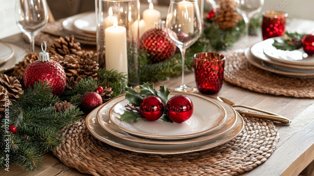 Christmas Table Setting with Red Ornaments and Pine Boughs Christmas Table Setting with Red Ornaments and Pine Boughs