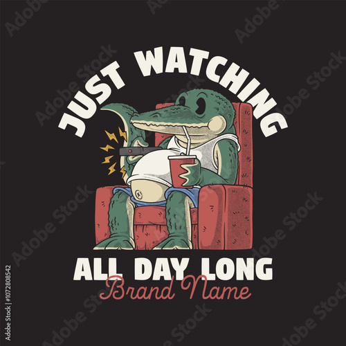 retro cartoon emblem of crocodile sitting on the couch