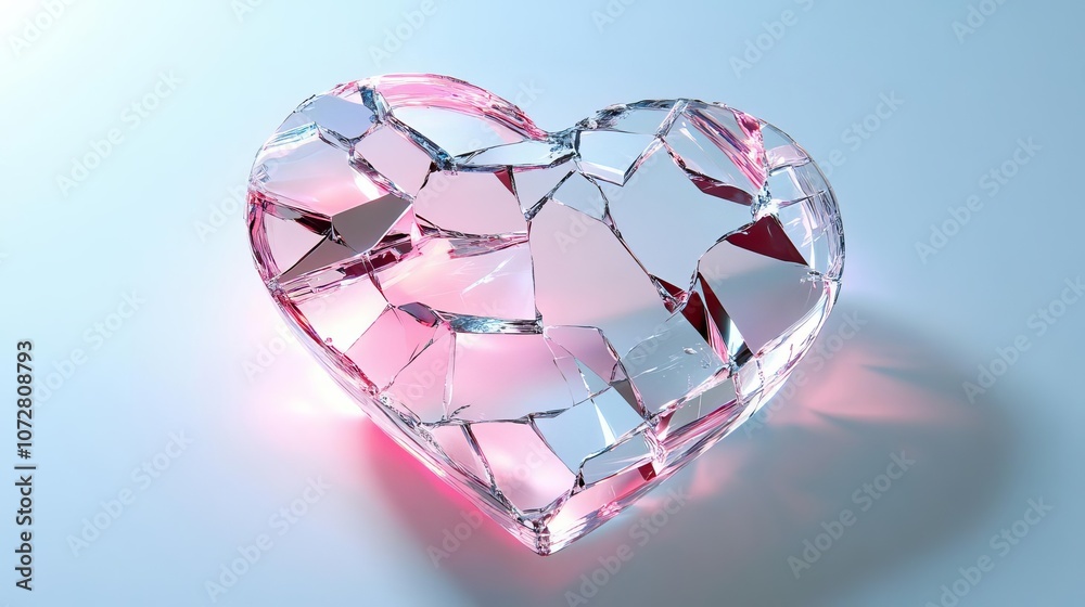 A broken glass heart with neon light reflecting off the cracks, symbolizing fragile and disappointed love. A broken glass heart with neon light reflecting off the cracks, symbolizing fragile and disappointed love.