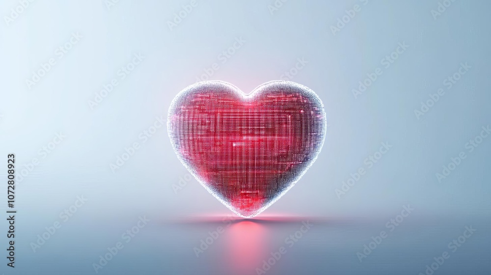 Obraz premium Floating neon heart with pixel effects around the edges, isolated on white, symbolizing digital love