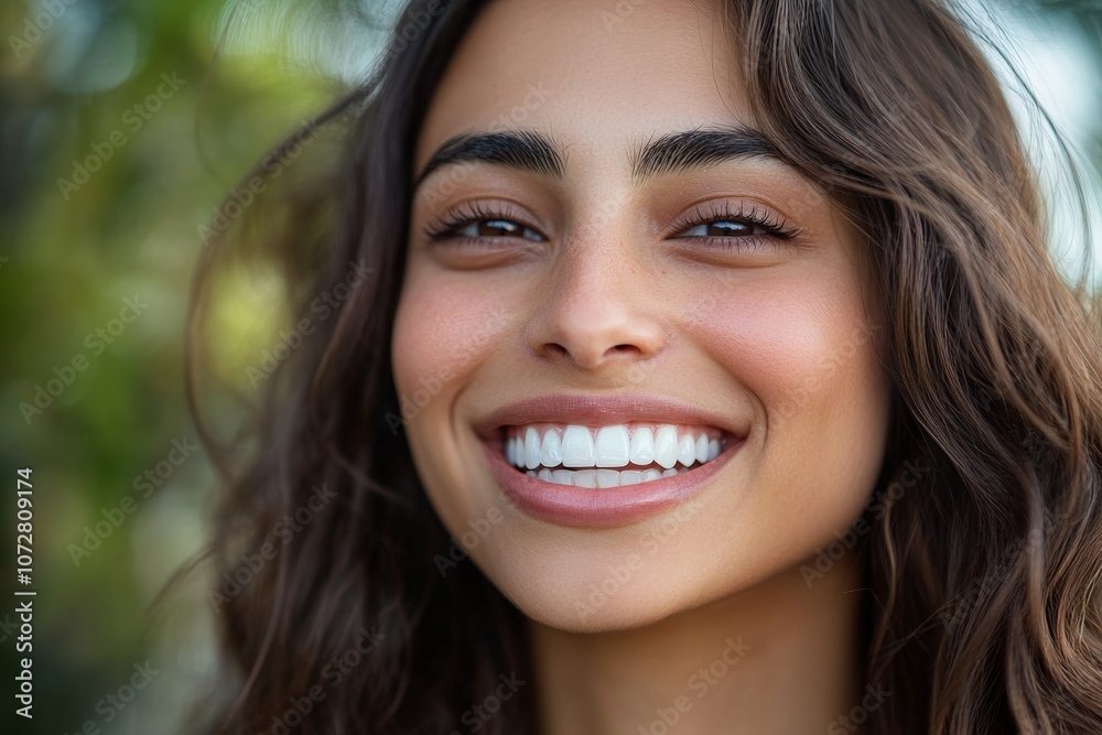 A woman smiles brightly after teeth whitening treatment outdoors, showcasing a stunning transformation in her smile A woman smiles brightly after teeth whitening treatment outdoors, showcasing a stunning transformation in her smile