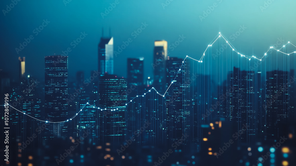 Obraz premium Smart digital Innovation Business skyscrapers in the Financial District with connection network reciprocity over the cityscape. of future smart wireless digital city and social media networking