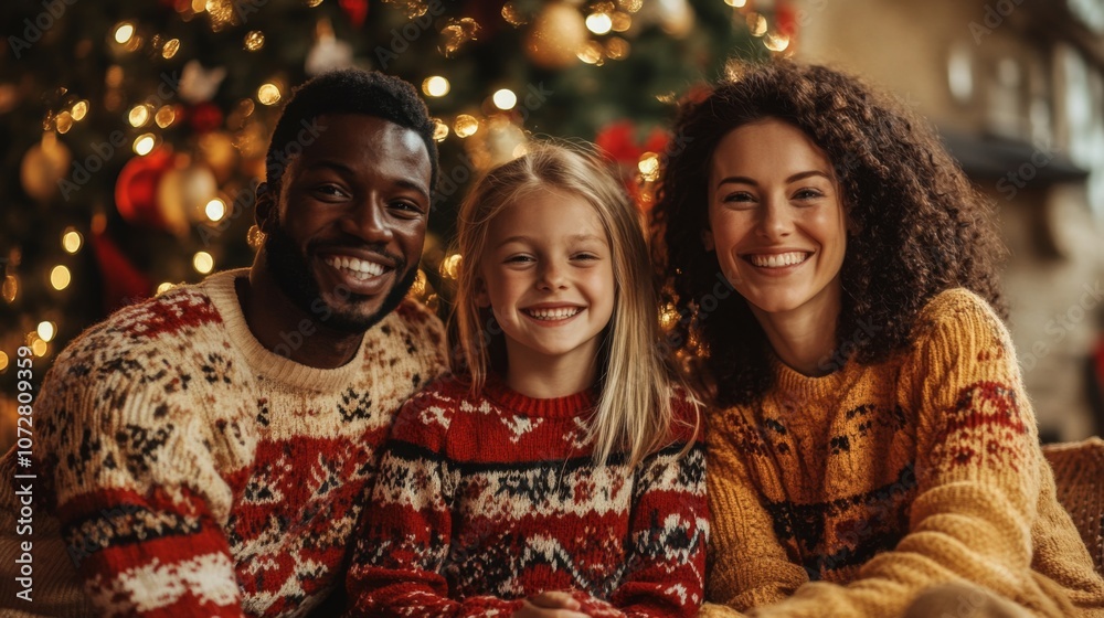 A Family Smiling Together In Front of a Christmas Tree A Family Smiling Together In Front of a Christmas Tree
