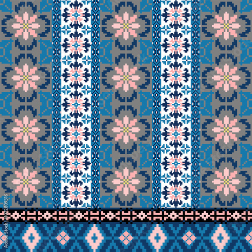 Art Abstract with Floral Pixel Designs. Traditional Cross Stitch needlework. Geometric Ethnic Pattern, Embroidery, Textile Ornamental, Fabric, Hand Stitch Pattern, Cultural Stitching Pixel Art