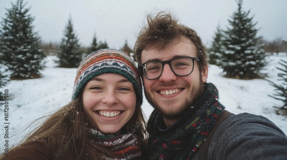 Smiling Couple in Winter Forest with Snow on their Hair and Clothing Smiling Couple in Winter Forest with Snow on their Hair and Clothing