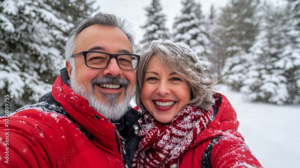 Happy Couple in Red Winter Gear Posing for a Selfie in the Snow Happy Couple in Red Winter Gear Posing for a Selfie in the Snow
