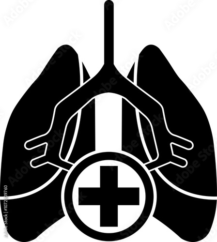 A black and white image of lungs, with a central medical cross, showcasing the focus on respiratory health and treatment.