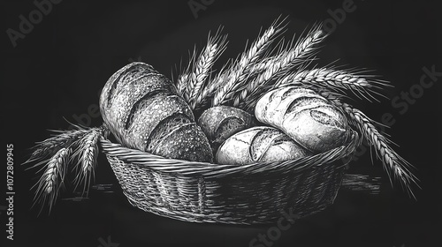  basket of bread, bakery products, and wheat stalks symbolizing abundance: photo