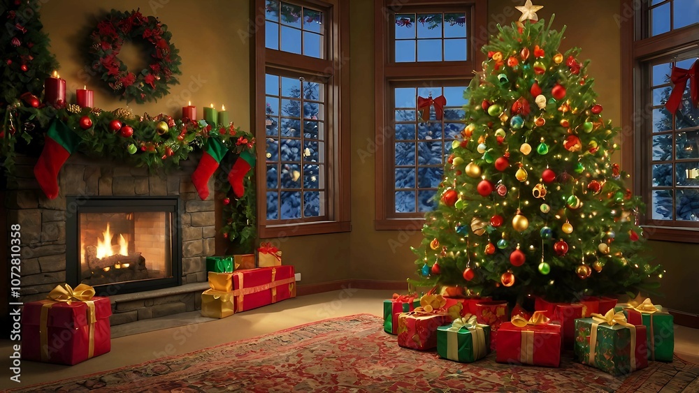 Cozy Christmas Living Room with Decorated Tree and Fireplace Cozy Christmas Living Room with Decorated Tree and Fireplace