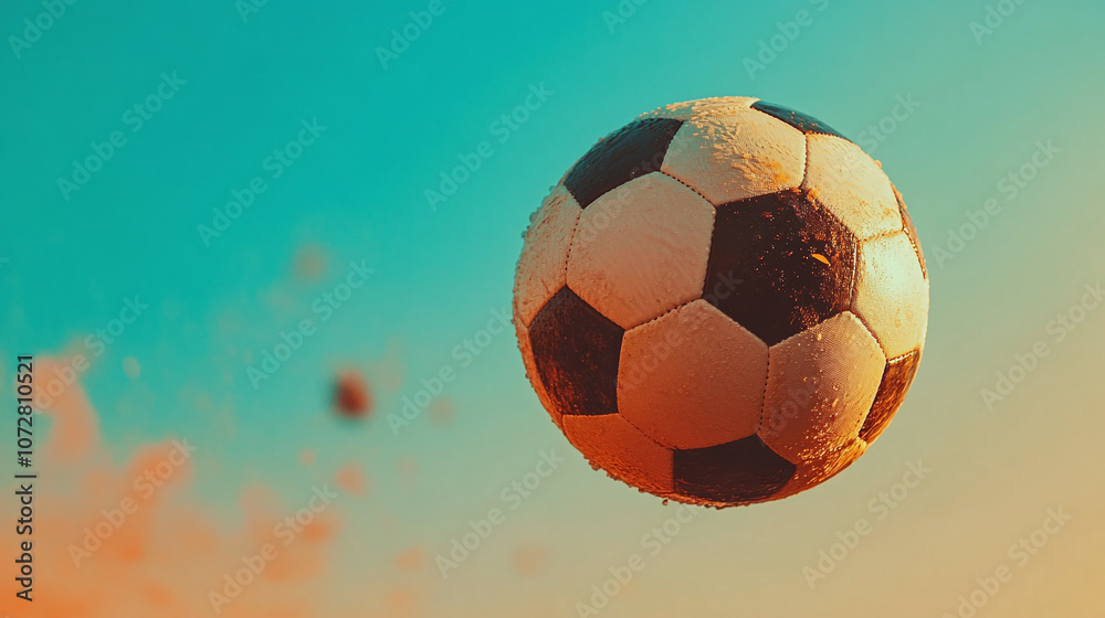 Fototapeta premium The Perfect Strike: A Soccer Ball in Motion Against a Bold Backdrop