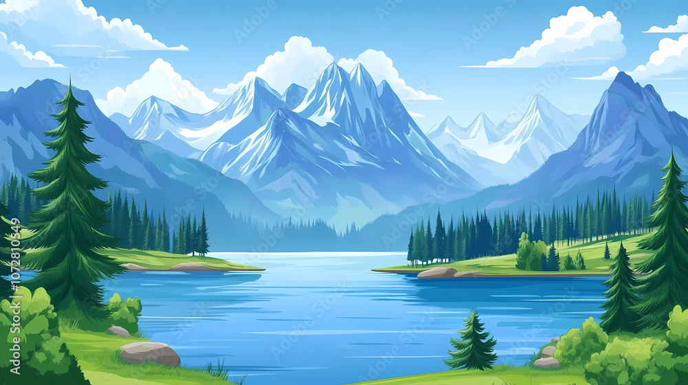 Fototapeta premium Mountains background lake mountain scene attribution patches sky nature utopia earth. Utopia. Illustration