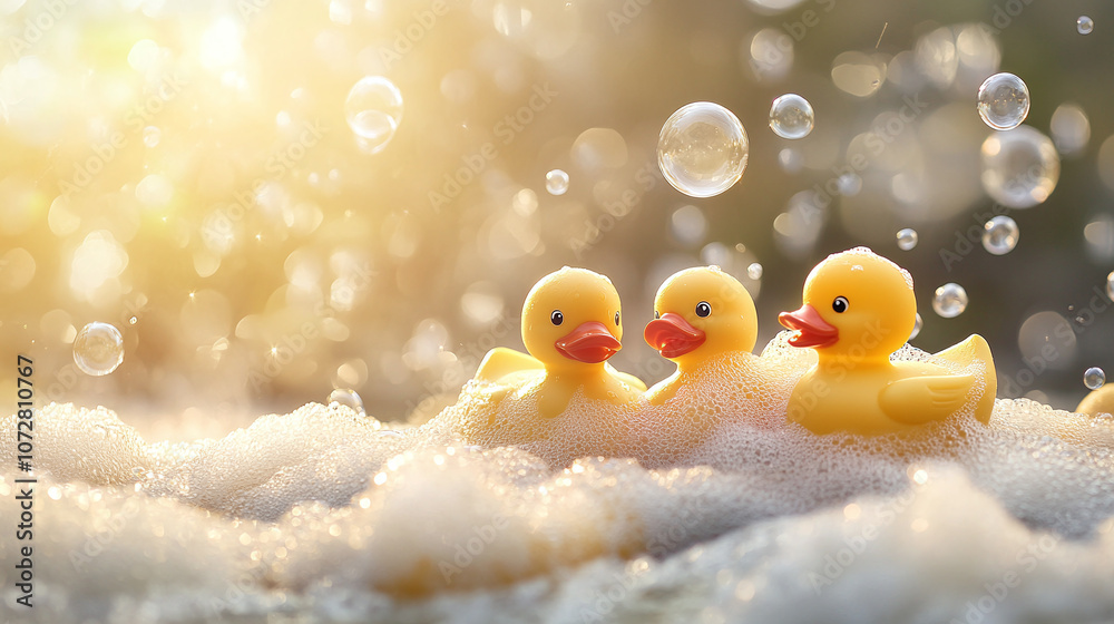 A playful arrangement of rubber ducks nestled in soap foam bubbles, with a soft background that emphasizes the light-hearted, fun nature of the scene A playful arrangement of rubber ducks nestled in soap foam bubbles, with a soft background that emphasizes the light-hearted, fun nature of the scene