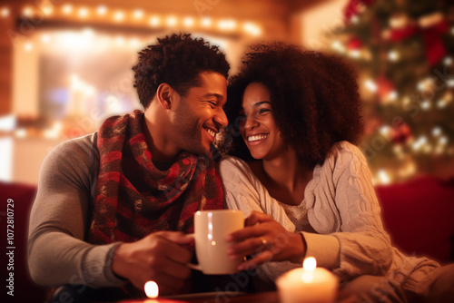 A joyful, diverse couple sits together on a cozy sofa in a warmly decorated holiday living room, drinking hot cocoa, sharing a laugh. A heartwarming scene with soft, warm lighting, festive background