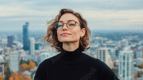 A confident woman standing on a city rooftop, embodying independence and empowerment, symbolizing the spirit of the 4B Movement. photo