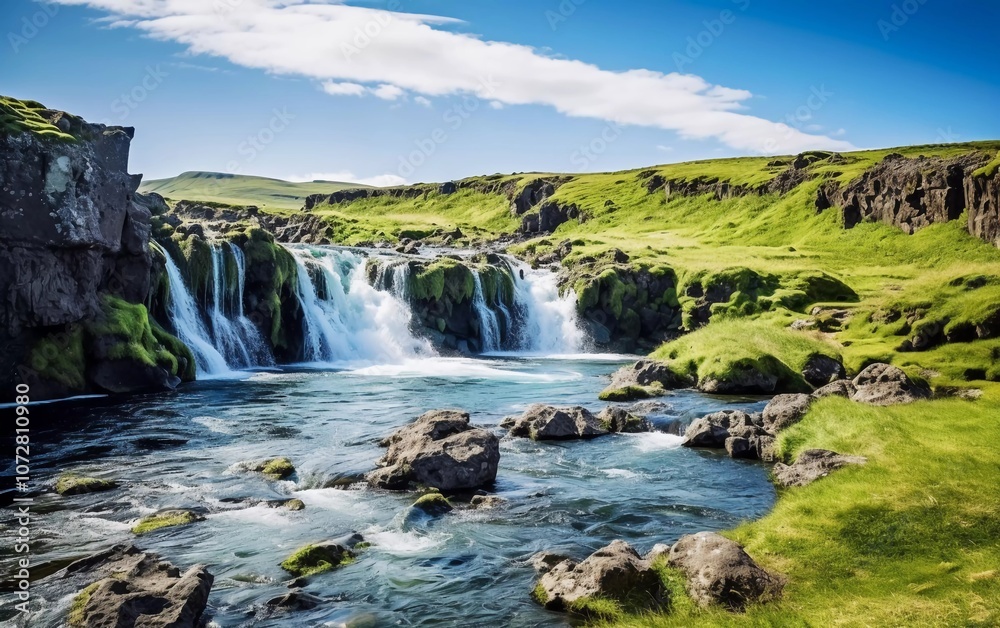 A serene waterfall cascading into a clear river, surrounded by lush green landscapes. A serene waterfall cascading into a clear river, surrounded by lush green landscapes.