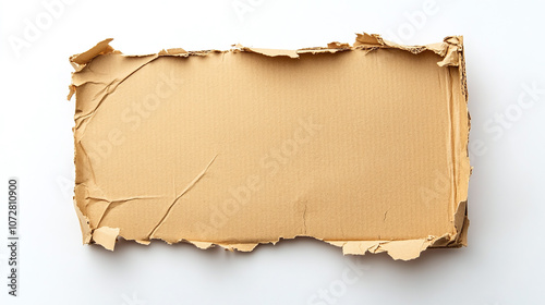 A single piece of a torn cardboard box lying flat on a clean white background, emphasizing the irregular shapes and the contrast between the rough edges and the smooth surface