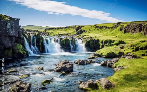 A serene waterfall cascading into a clear river, surrounded by lush green landscapes.