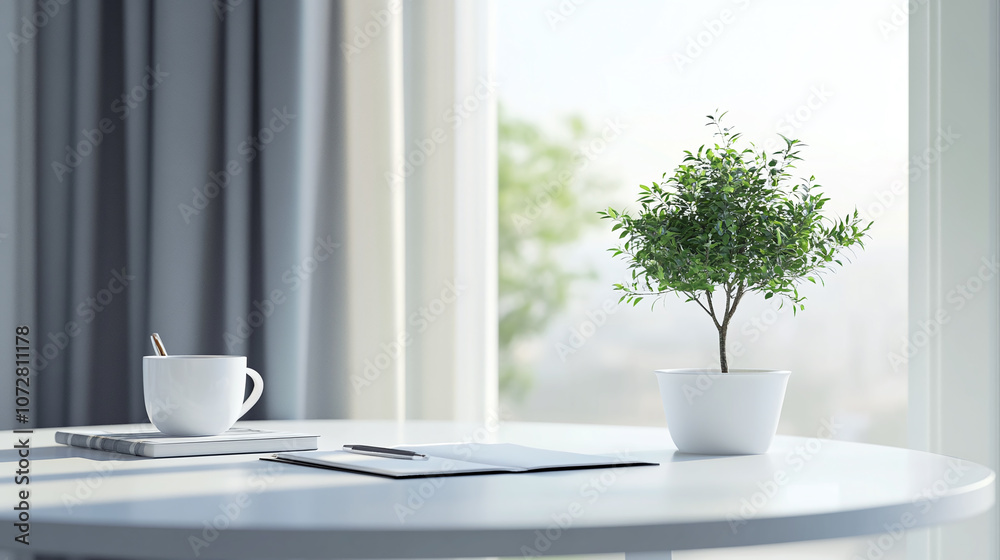 An elegant study nook featuring a white table with a stylish white notebook and pen, a small decorative tree for ambiance, and a beautifully crafted cup of coffee An elegant study nook featuring a white table with a stylish white notebook and pen, a small decorative tree for ambiance, and a beautifully crafted cup of coffee