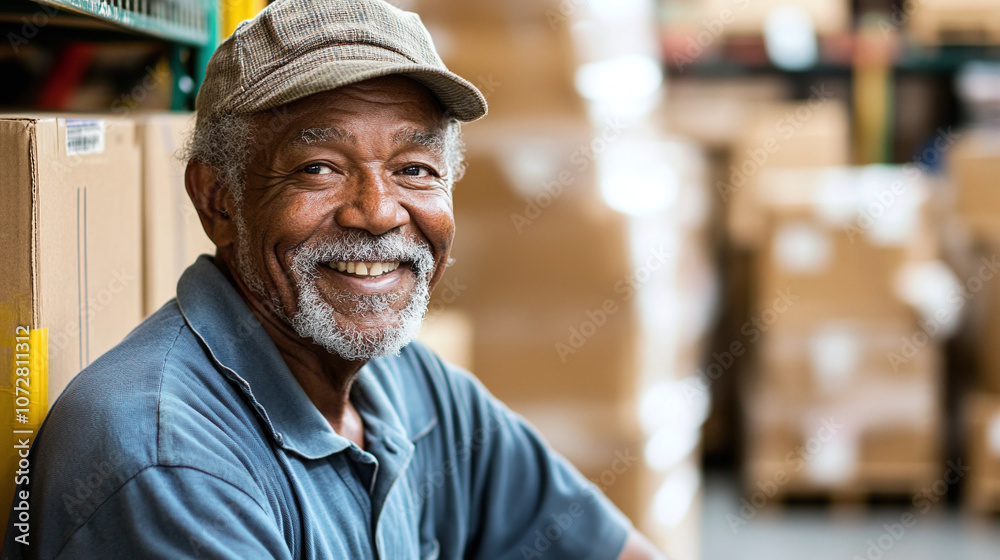 .An older warehouse worker smiling while packing boxes, showcasing experience and positivity