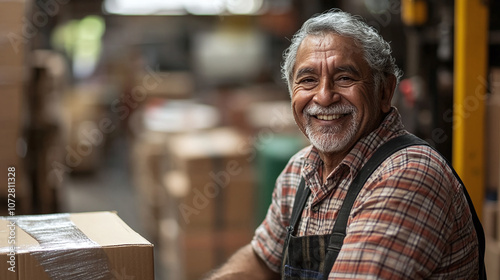 .An older warehouse worker smiling while packing boxes, showcasing experience and positivity