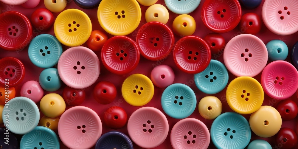 A Colorful Medley of Buttons Arranged on a Vibrant Red Background, Celebrating a World of Texture and Design A Colorful Medley of Buttons Arranged on a Vibrant Red Background, Celebrating a World of Texture and Design