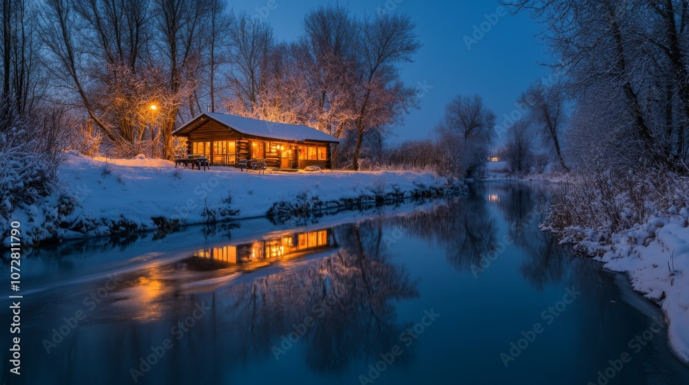 Fototapeta premium A Cozy Cabin Lit Up at Dusk on a Snowy Riverbank