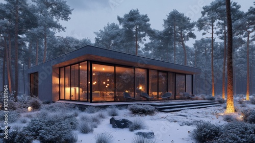 Modern Cabin with Large Windows in a Snowy Forest