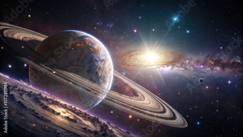 Massive Planet with Glowing Rings, Translucent Beauty in Cosmic Space.