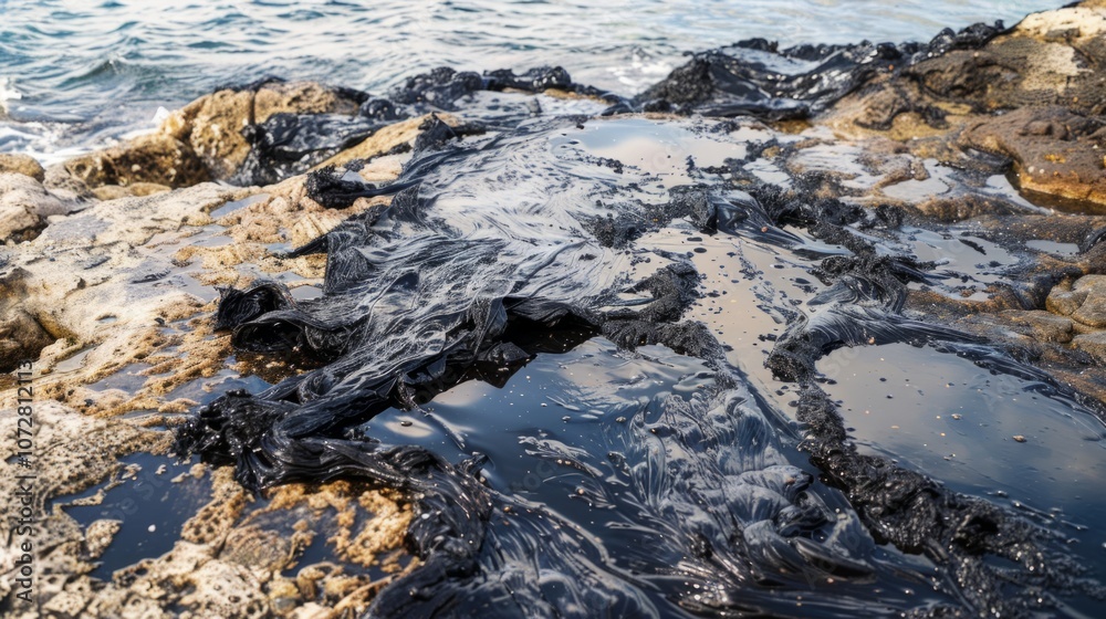 Aerial view of coastal area with dark, sticky tar covering beach and seawater, highlighting environmental pollution and providing copy space for text or design.
