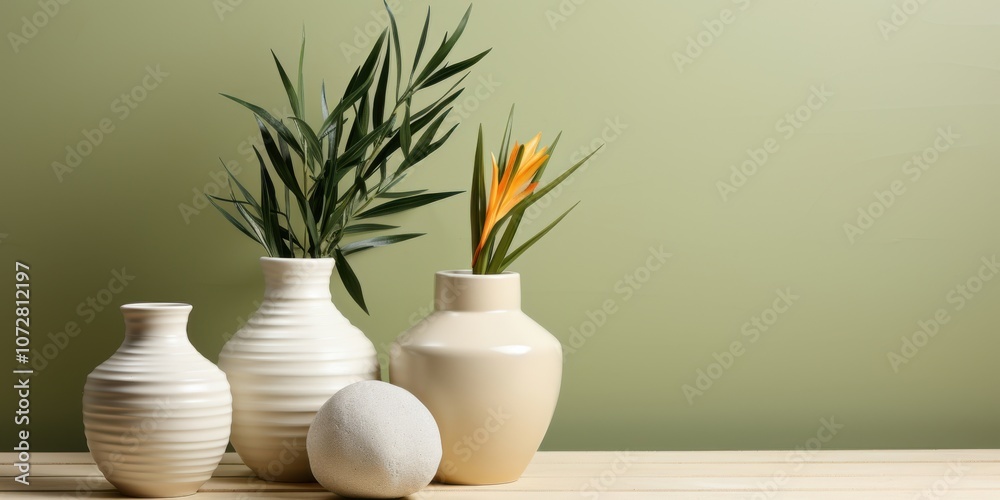 Three White Vases with Green Foliage and Orange Flower on Wooden Table Against a Light Green Wall Three White Vases with Green Foliage and Orange Flower on Wooden Table Against a Light Green Wall