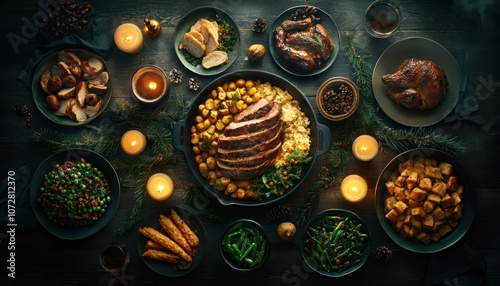 A beautifully arranged feast featuring roasted meats and assorted vegetables. photo