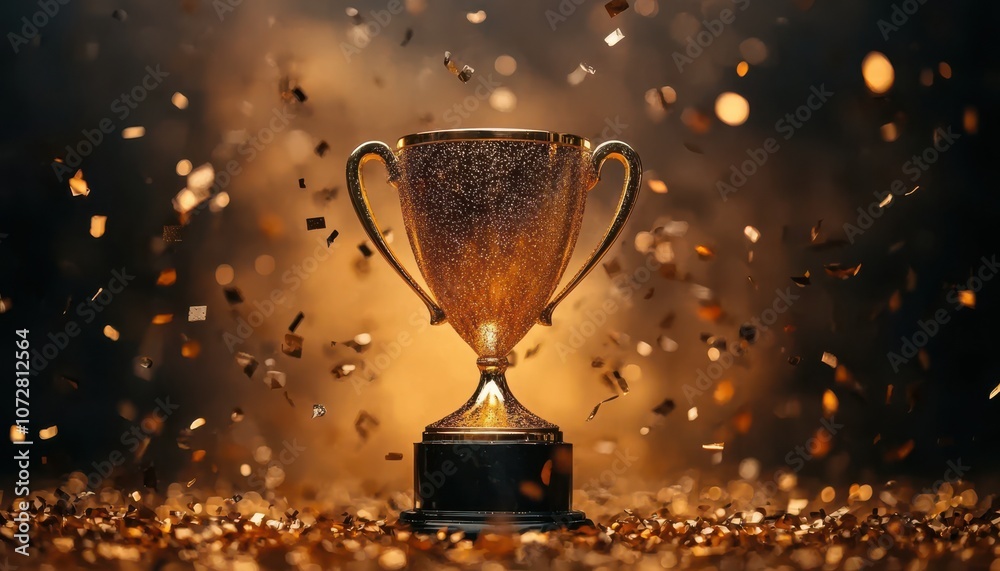 A shining trophy surrounded by golden confetti celebrating victory and achievement. A shining trophy surrounded by golden confetti celebrating victory and achievement.