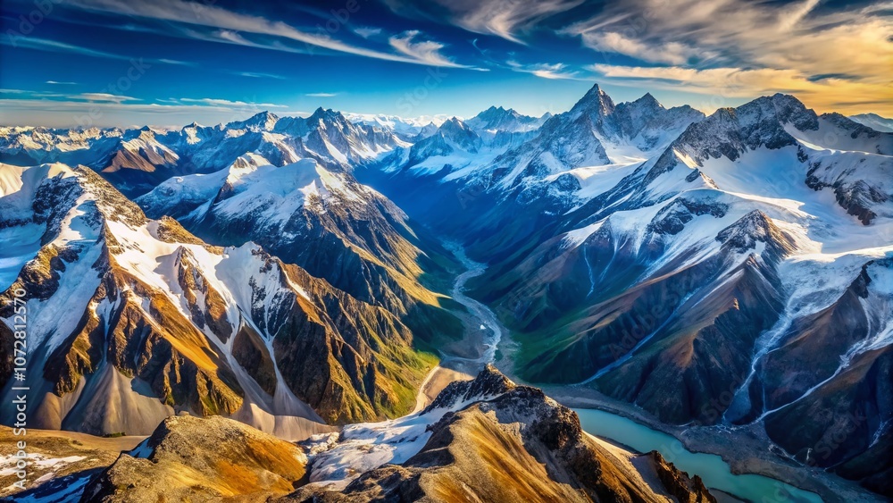Obraz premium Scenic Aerial View of a Majestic Snow-Capped Mountain Range in New Zealand, Showcasing the Breathtaking Landscape Beneath a Clear Blue Sky in Perfect Rule of Thirds Composition